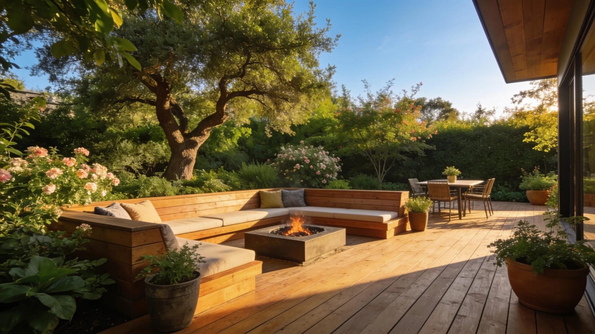 Custom outdoor living space with wood deck, lounge seating, and fire pit by Prime Outdoor