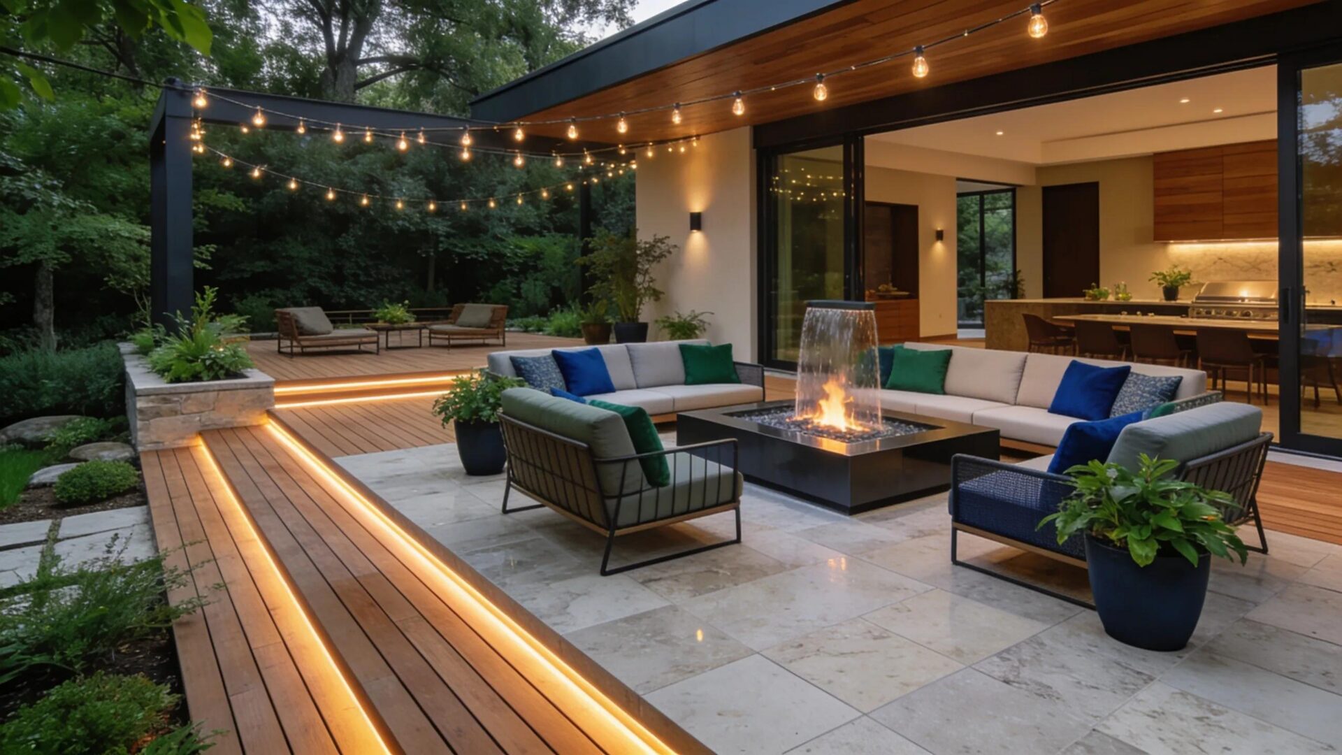 Custom outdoor living space with deck, patio, fire feature, and integrated lighting in Fairfax, VA.