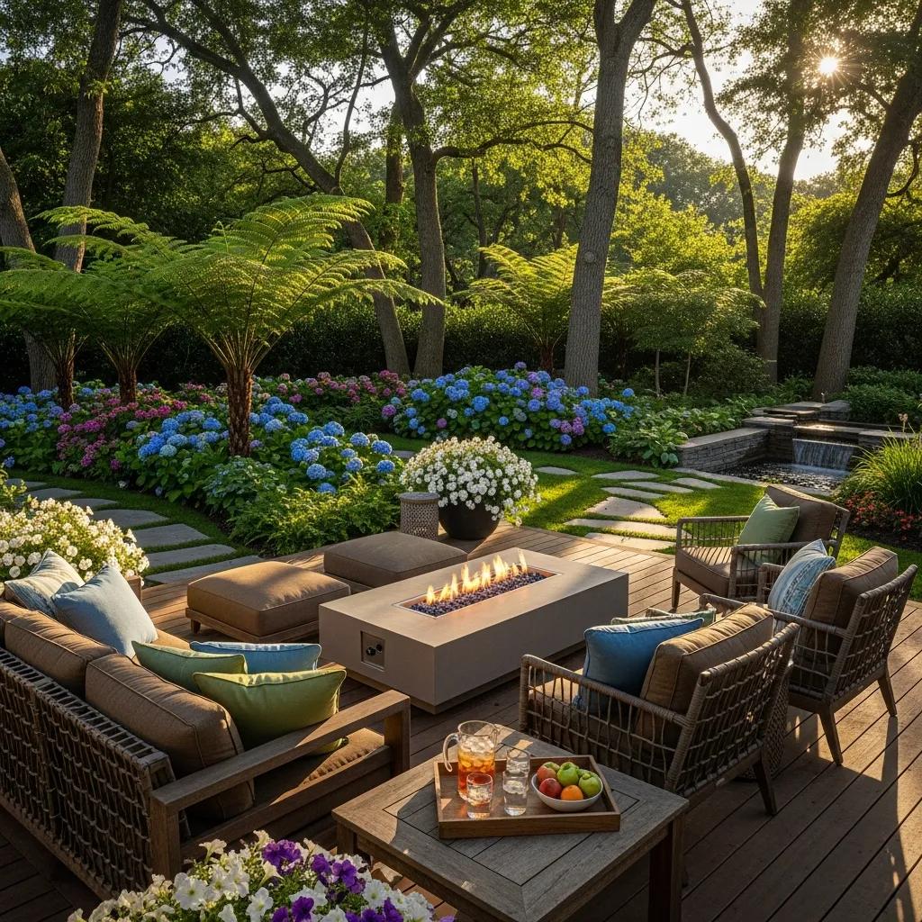 Custom deck and outdoor living space with lush greenery and fire pit, Prime Outdoor Living