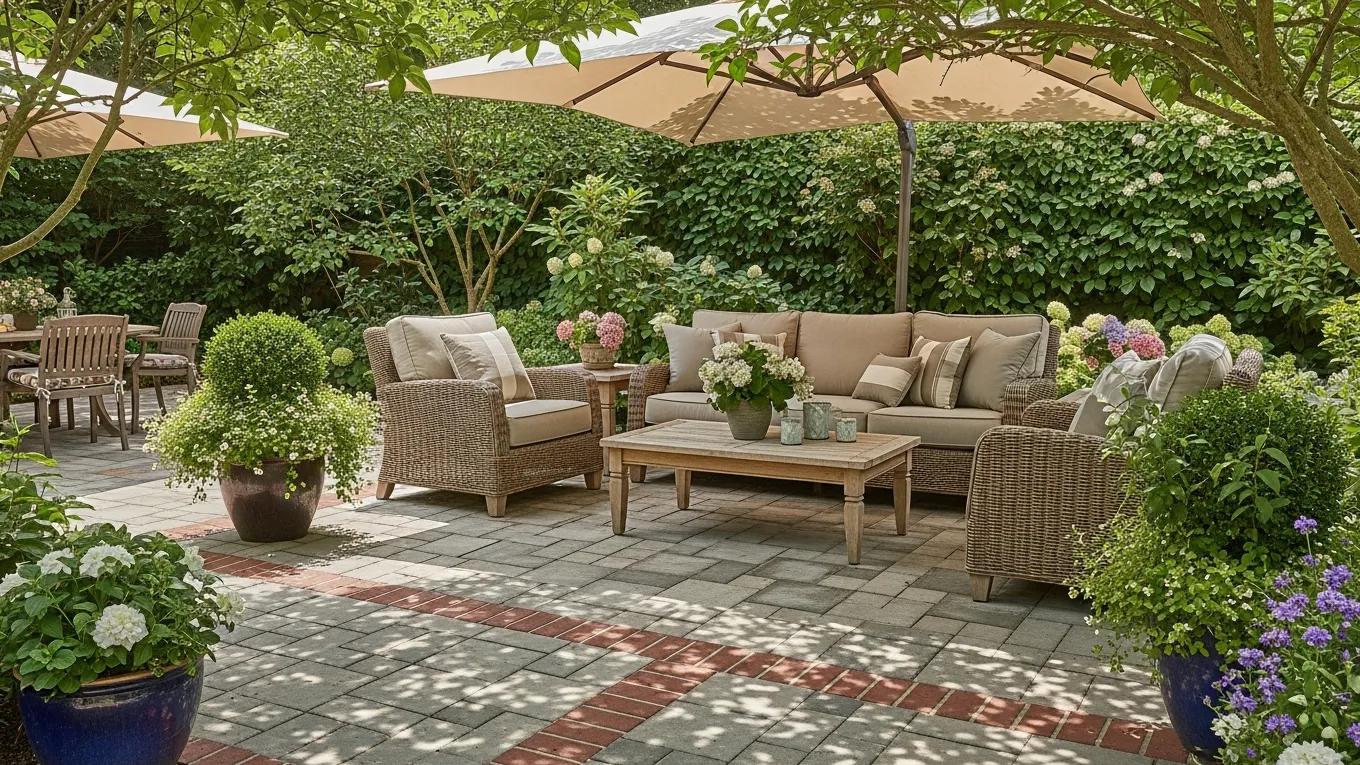 Beautifully designed patio featuring natural stone, concrete, and brick paving materials in an inviting outdoor setting