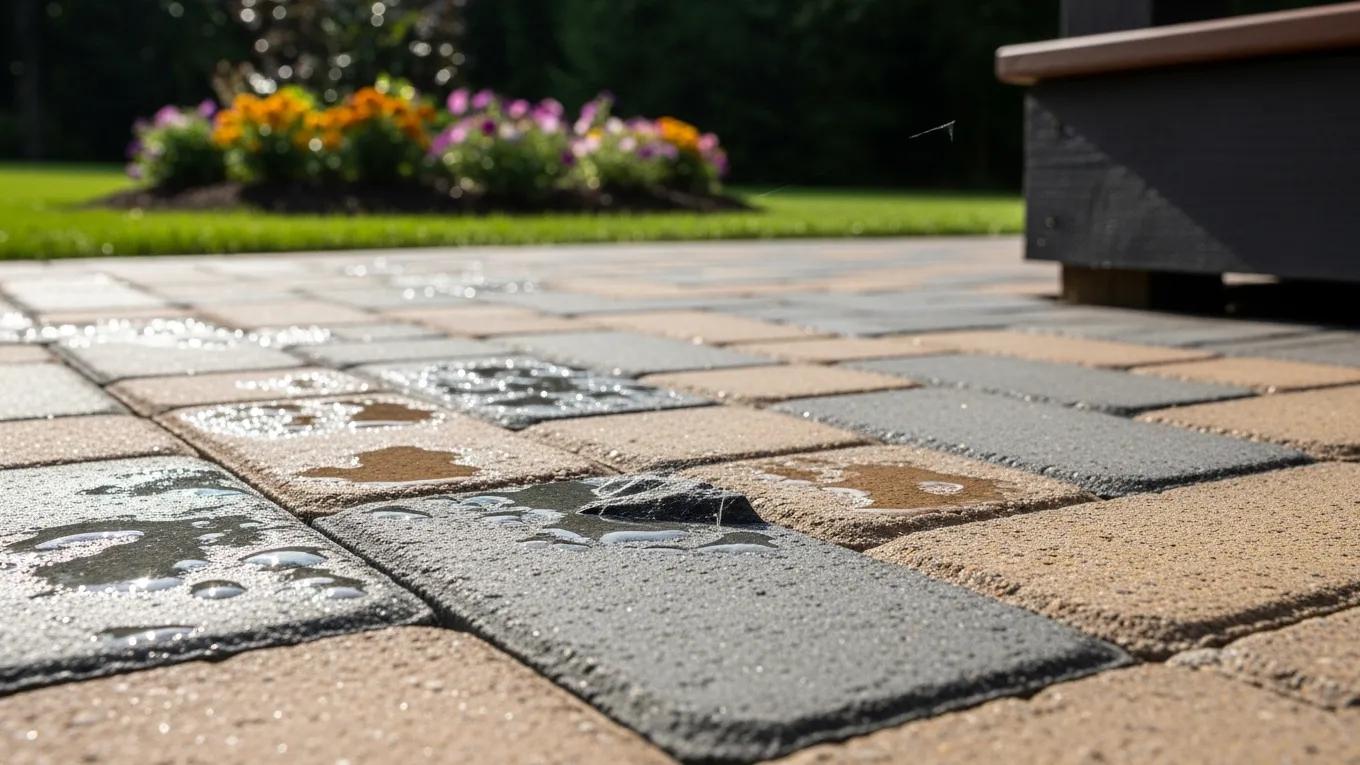Close-up of durable patio pavers highlighting natural stone and concrete textures in a well-maintained outdoor space