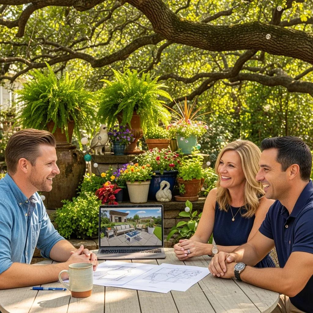 Prime Outdoor Living designer consulting with clients about outdoor living project plans and 3D renderings.