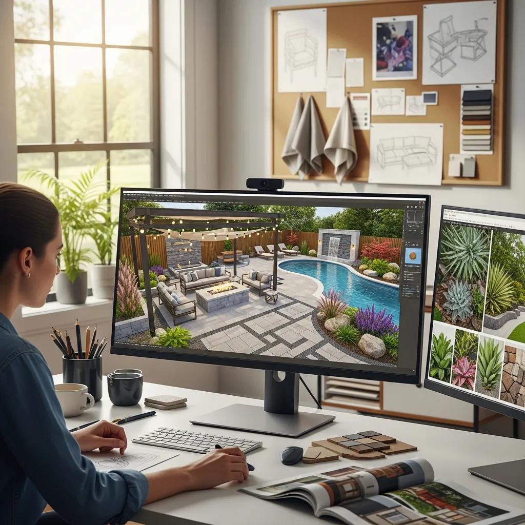 Designer creating 3D rendering of custom outdoor living space, blending functionality and aesthetic appeal.