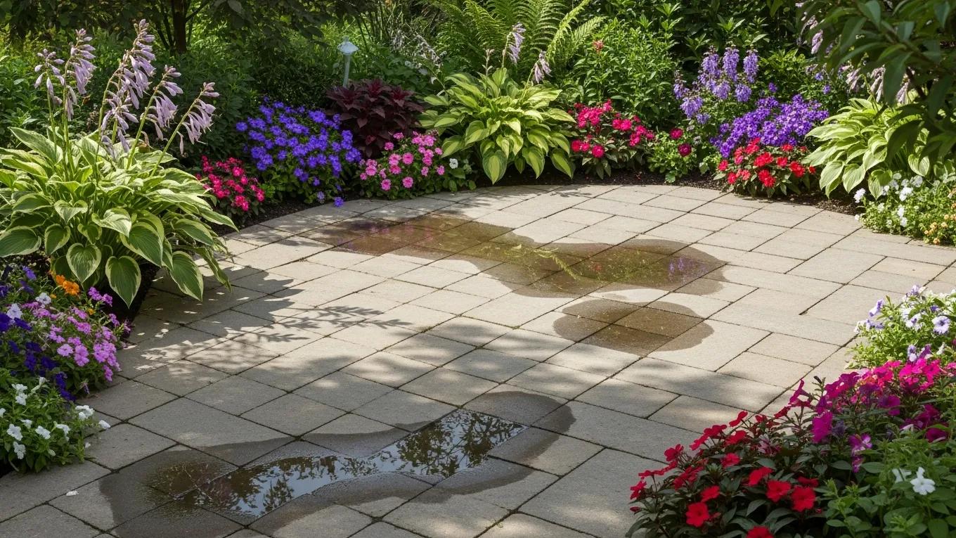 Eco-friendly permeable patio pavers in a garden setting, illustrating sustainable outdoor design
