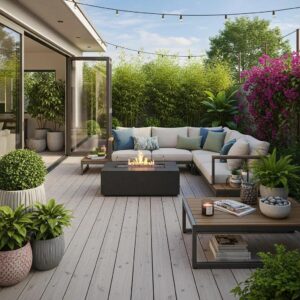 Luxurious outdoor living space with modern deck, comfortable seating, and fire pit—Prime Outdoor Living design.