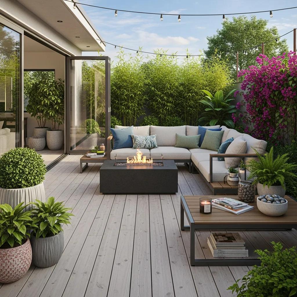 Luxurious outdoor living space with modern deck, comfortable seating, and fire pit—custom deck design by