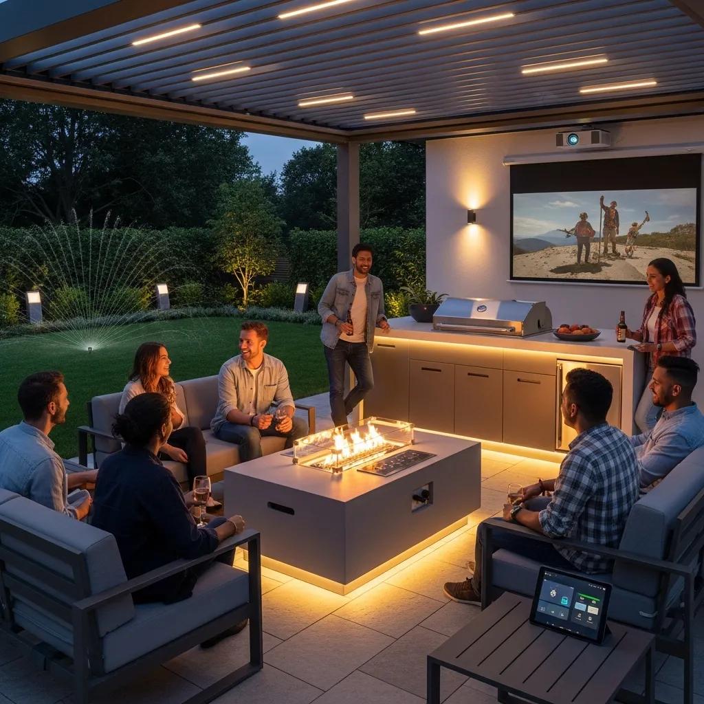 Modern backyard with smart outdoor technologies, automated lighting, and fire feature enhancing comfort and convenience