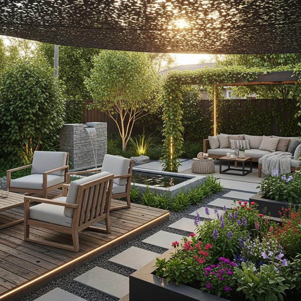 Sustainable modern backyard design with wellness focus, featuring outdoor seating area, water feature, and lush