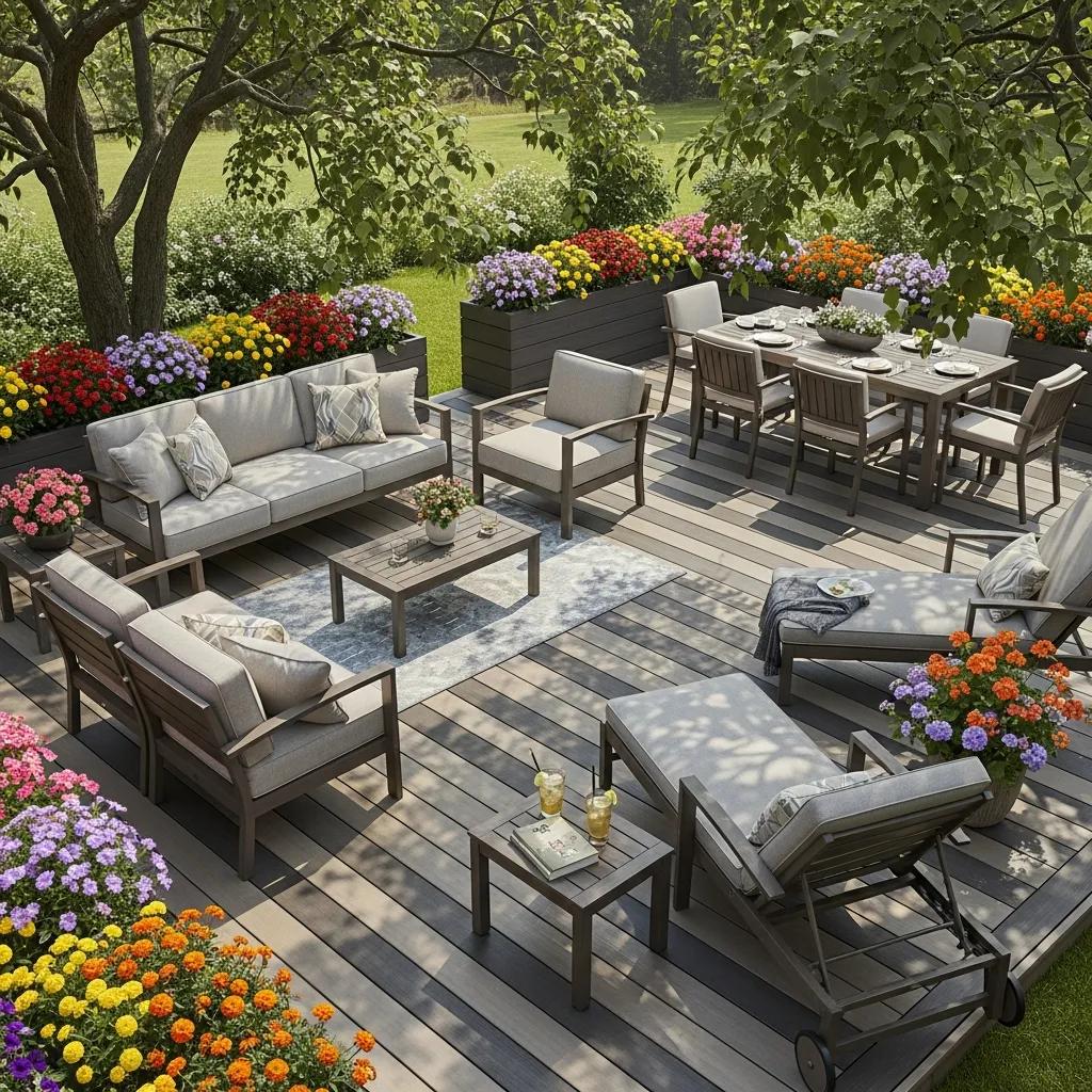 Stylish composite decking with outdoor seating area and lush landscaping for home upgrade.