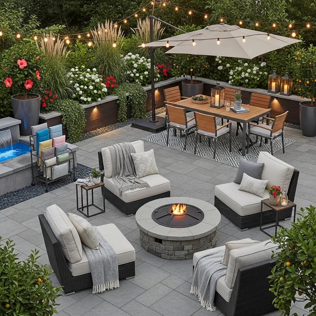 Stylish patio design with fire pit, comfortable seating, and covered dining area for outdoor living