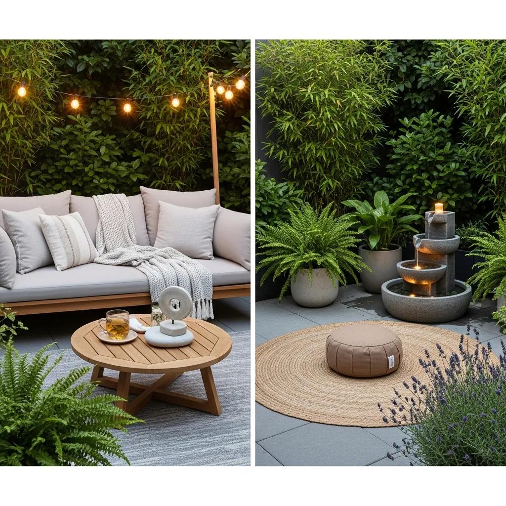 Tranquil backyard retreat with defined relaxation zones, outdoor seating area, and water feature, showcasing wellness