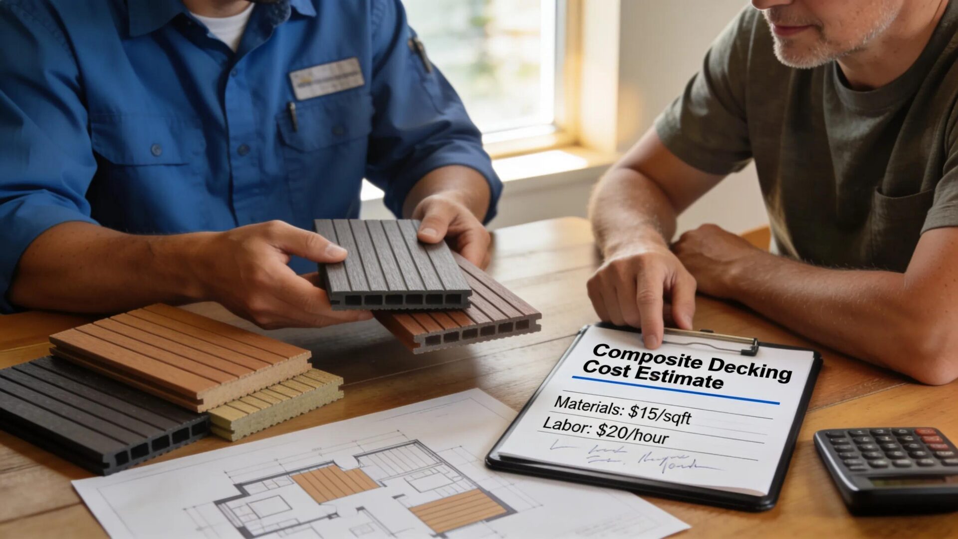 Contractor reviewing composite decking costs with a homeowner