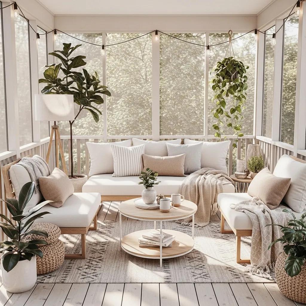 Charming small screened porch with multi-functional furniture and soft lighting