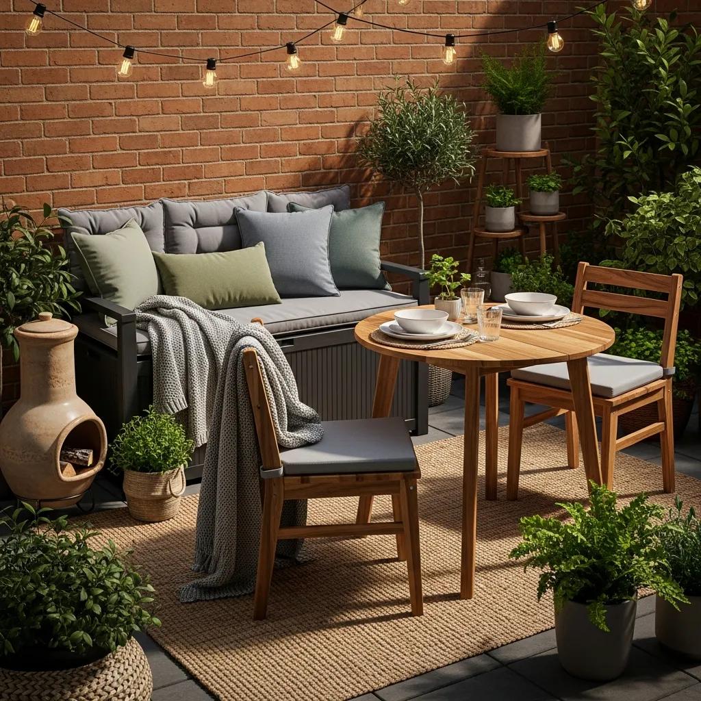 Cozy small outdoor living space with multi-functional furniture and greenery